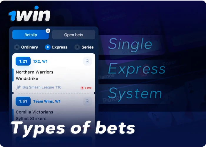 <b>Single</b>. A straightforward bet involving only one sports event in your betslip. If you win, the payout is based on specific odds, making this format excellent for beginners due to its simplicity;